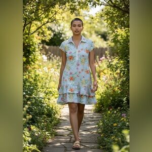 Ibkul Dress Womens XS Striped Floral Ruffles Pickleball Tennis‎ Athletic Flare